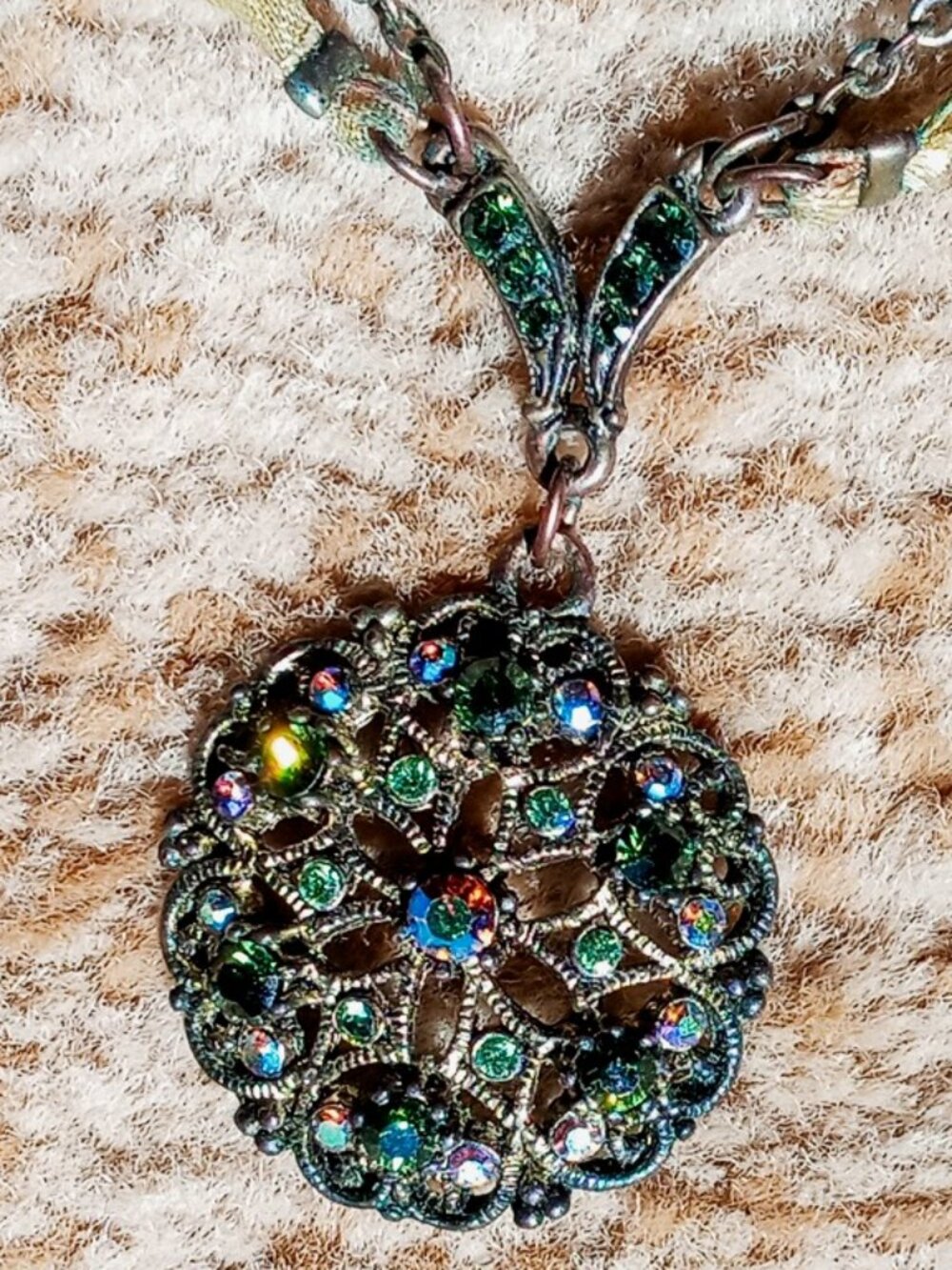Vintage Filigree-style Pendant Necklace w/Multi-colored Crystal Rhinestones - Picture 4 of 16